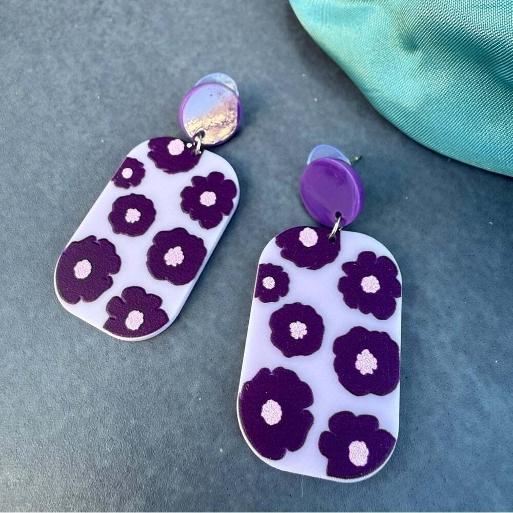 Purple 60s Mod Style Floral Acrylic Earrings